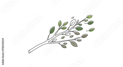 Delicate minimalist illustration of a tree branch with fresh green leaves, some gently swaying and detaching in a soft breeze, symbolizing natural movement and serene transition