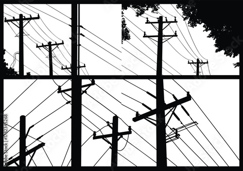 Silhouette utility poles, power lines abstract, high contrast infrastructure art, geometric electricity grid, industrial urban landscape, chaotic wires composition,