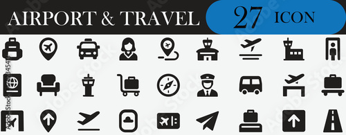 Travel, airplane, flight, airport, vacation, trip, tourism icons for global travel. Perfect vector set for booking, navigation, map, guide, and design use