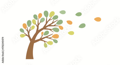 Stylized Windy Tree with Falling Leaves Illustration for Nature-Themed Designs