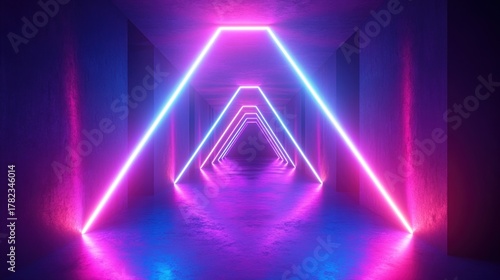 Fototapeta Naklejka Na Ścianę i Meble -  Endless futuristic corridor with neon pink and blue glowing triangular arches creating a vibrant and immersive tunnel effect