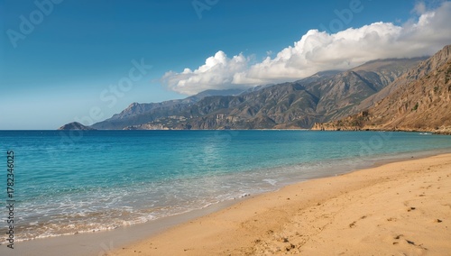 Fototapeta Naklejka Na Ścianę i Meble -  A beach scene featuring a mountain backdrop with waves from the Aegean Sea, showcasing seasonal change