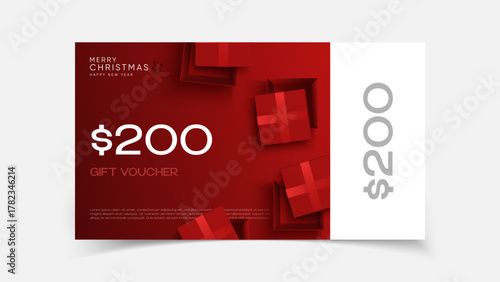 Christmas holiday gift card with $200 voucher, greeting cards in modern geometric style for web, branding, social media. Elegant template for holiday gift card, coupon.