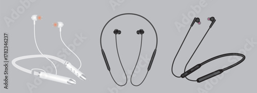 Illustration of three wireless neckband headphones on gray background