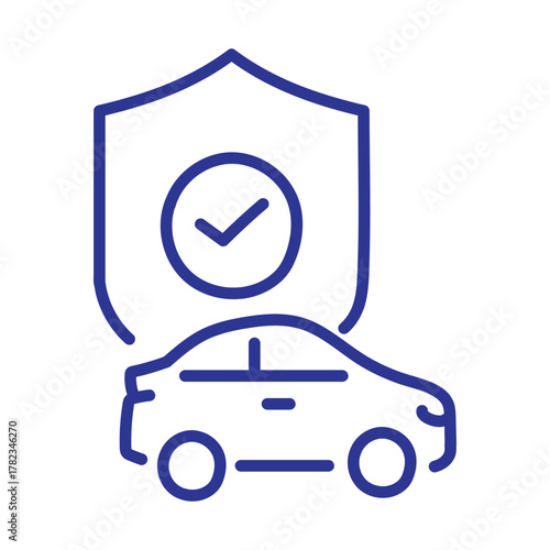 Blue line icon of a car protected by a shield with a checkmark, symbolizing vehicle insurance and safety.