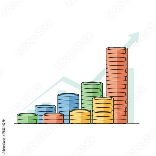 Colorful coin stacks forming a rising bar graph with an upward arrow, symbolizing financial growth, investment success, and economic profit