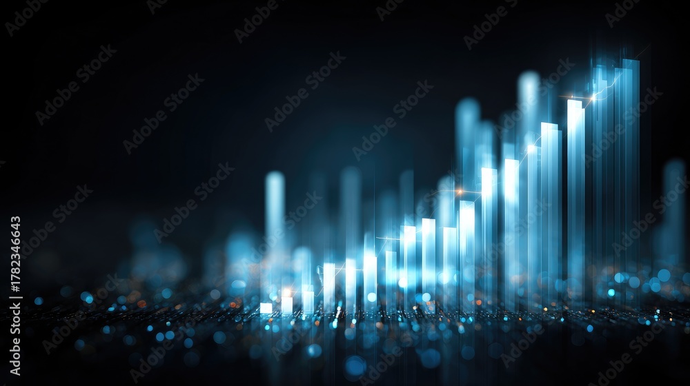 Fototapeta premium Abstract visualization of financial growth with luminous bars and glowing particles depicting an upward trend against a dark background