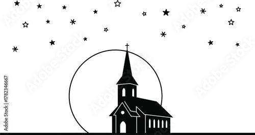 Silhouette of a church against a moonlit sky filled with twinkling stars