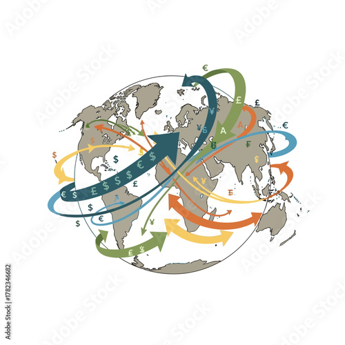 Dynamic representation of global finance, with colorful arrows showing the flow of major world currencies across a world map, symbolizing international trade and economy