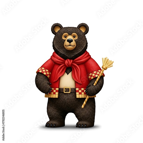 Bear in Red Jacket with Broom - A Whimsical Illustration.