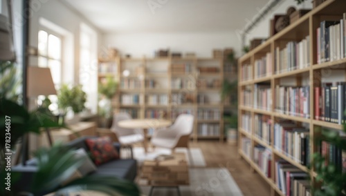Bright and airy home library with stylish shelving and potted plants, ideal background for text and layout