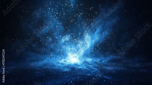 Bright blue cosmic dust and sparkling stars forming a nebula-like pattern in deep space with a glowing central light source