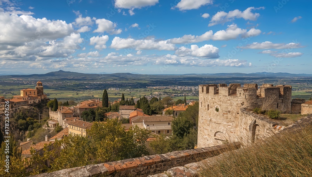 Obraz premium Scenic panorama from a historic fortress, travel vista, Italy, urban density