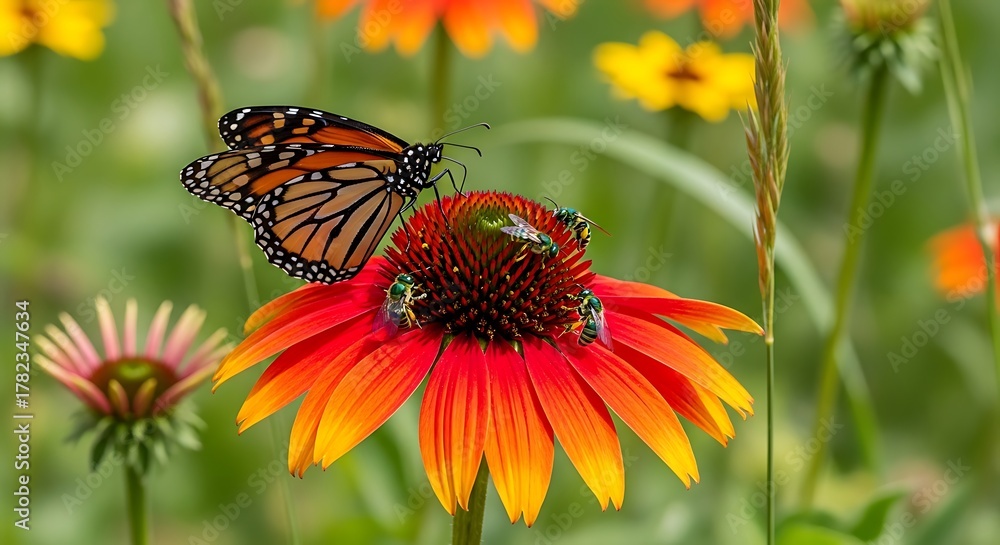 Obraz premium Monarch Butterfly on a Vibrant Orange Coneflower in Summer.
