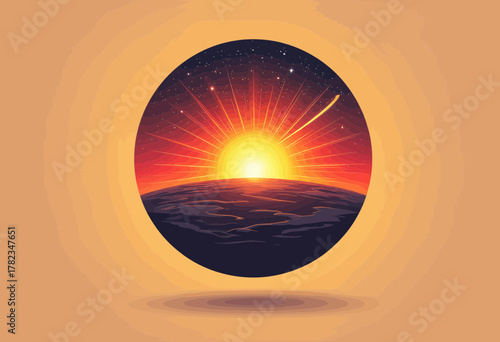 Circular sunset over ocean with starry sky and radiant sunburst, isolated vector illustration