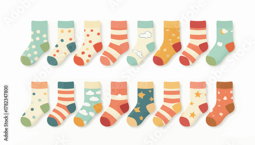 Colorful kids socks set with playful patterns like polka dots and stars, flat style isolated