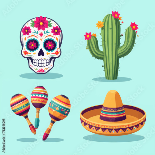 Colorful mexican icons set with sugar skull cactus maracas and sombrero isolated