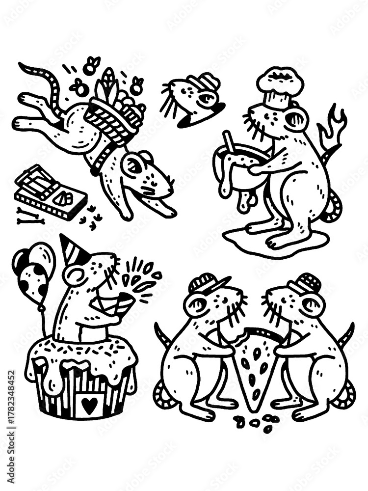 Fototapeta premium Cute Rat Party: Chef, Birthday, Mouse Trap Tattoo Flash