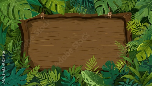 Cartoonish jungle backdrop featuring exotic foliage and wooden gaming panel, suitable for a playful theme