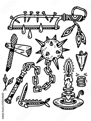 Medieval Torture Weapons, Candle, Dark Tattoo Flash Set Vector