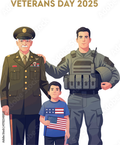 Three generations of American soldiers, a veteran, a modern serviceman, and a boy, celebrating Veterans Day.