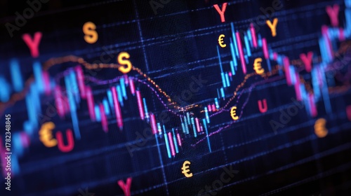 Colorful candlestick chart showing financial data trends with currency symbols, highlighting market fluctuations, investment opportunities, and economic analysis