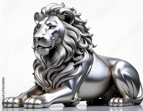 Luxury Silver Style Sitting Lion Statue Realistic 3D Art Isolated on White