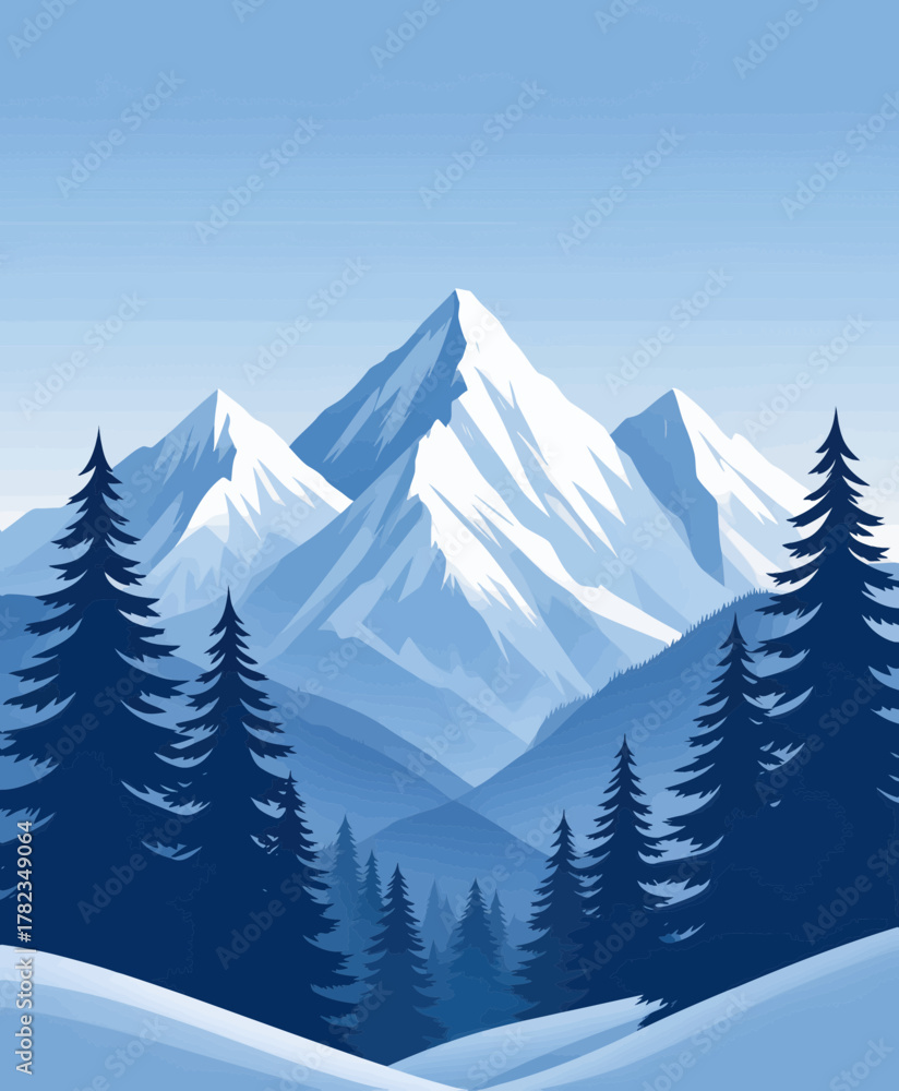 Fototapeta premium Snowy mountain landscape with pine trees in flat vector style under clear sky