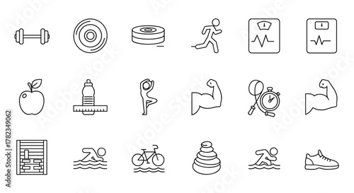 Set of fitness vector thin line icons, including healthy lifestyle, weight training, body care, and more. Outline icons collection for sports, health, and wellness concepts, perfect for web and print