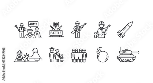 Collection of line-style vector icons representing various aspects of war and military conflict, including soldiers, a battlefield, a missile, refugees, a bomb, and a tank, suitable for web and