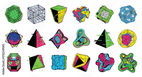 Vivid abstract geometric shapes in acid style, Y2K trendy design with postmodern brutalism elements, featuring wireframe structures and vibrant color palettes, perfect for graphic design assets and