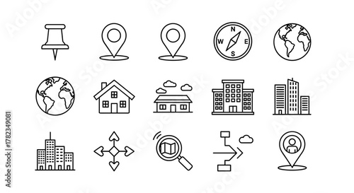 A diverse collection of vector icons representing location and navigation elements, including pushpins, map markers, globes, compasses, houses, office buildings, and a person pin, all rendered in a
