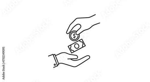 Clean line art illustration depicting a hand giving a coin and a banknote to another open hand, symbolizing financial transaction, donation, or payment. This minimalist graphic is set against a white