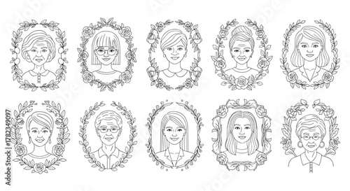 Set of diverse woman portraits in oval floral frames, line art vector illustration on white background. Collection of female faces with different hairstyles and ages, elegantly framed by leaves and