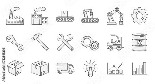 A comprehensive collection of factory and manufacture outline icons, featuring editable strokes, perfect for infographics, articles, books, flyers, and banners, presented as a vector cartoon