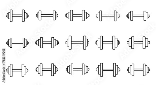 A clean, minimalist vector illustration featuring a repeating pattern of black outline dumbbells on a white background, ideal for fitness apps, websites, infographics, and sports-related designs
