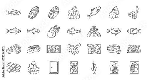 Frozen Fish Line Icon Bundle: A comprehensive collection of outline signs for graphic and web design, apps, adverts, and various cards, featuring a vector cartoon illustration of fresh and processed