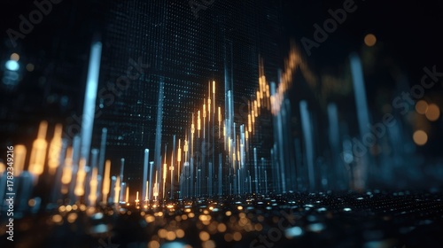 Abstract representation of financial market trends with glowing candlestick patterns, digital currency data, and futuristic technology background