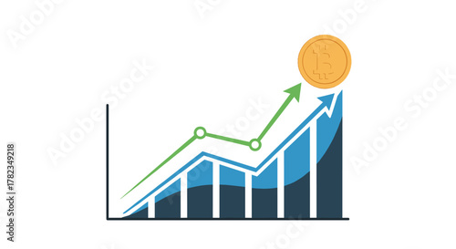 Golden Bitcoin coin symbolizing cryptocurrency growth and financial success, depicted atop a rising bar graph with upward trending arrows and a green line chart, representing investment gains and