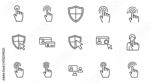 Set of modern outline style icons for design, cards, apps, and social networks, featuring cursors, shields, and user profiles, presented as a vector cartoon illustration on a white background