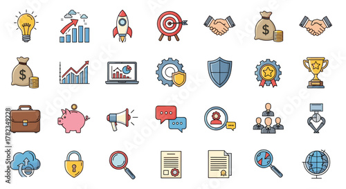 Vibrant and diverse collection of business and entrepreneurship icons, perfect for infographics, articles, books, flyers, and banners, featuring editable strokes for a clean, modern aesthetic