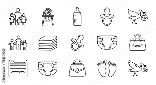 A comprehensive collection of line art icons representing family life and baby essentials, including a stork delivering a baby, diapers, baby bottles, pacifiers, stacked towels, footprints, a family