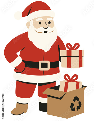 Santa Claus unpacking gifts from an eco-friendly box, sustainable Christmas vector illustration