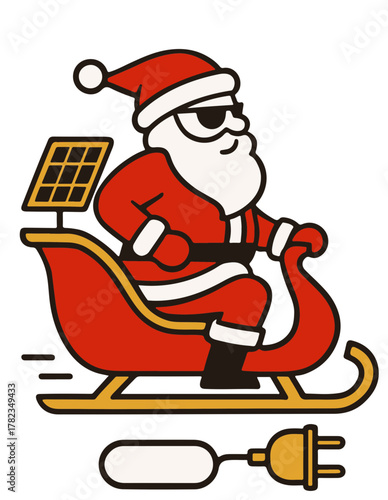 Cool Santa Claus wearing sunglasses riding a sleigh powered by solar panels, modern Christmas vector illustration