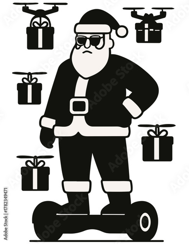 Modern Santa Claus flying on hoverboard with drones, Christmas technology concept
