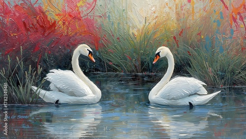 Fototapeta Naklejka Na Ścianę i Meble -  Oil painting of an abstract scene featuring swans