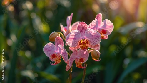 Clusters of pink and orange orchids in a natural setting, seasonal change