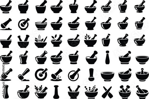 Pestle Icon Set – Traditional Kitchen Tool Silhouette Collection Mortar and Pestle Icons – Herbal and Cooking Equipment Vector Set