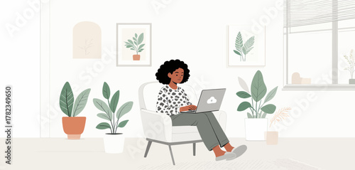 Woman working on laptop in cozy home office with plants and art, flat illustration