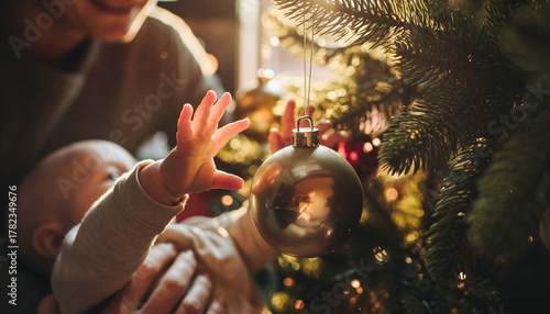 Baby reaching out for a Christmas ornament under glowing tree lights, celebrating first Christmas with parent in warm festive atmosphere filled with love and joy.